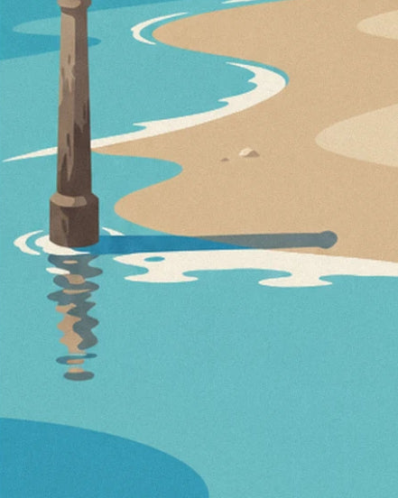 The wooden post standing in the turquoise water, its reflection and foam on the golden sand