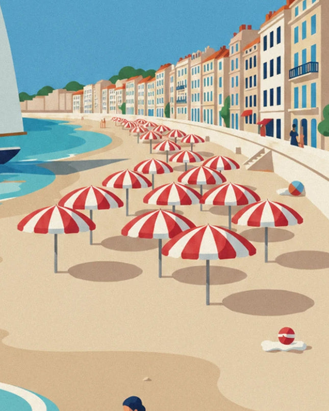 Red and white striped parasols lined up on the sand in front of the promenade façades