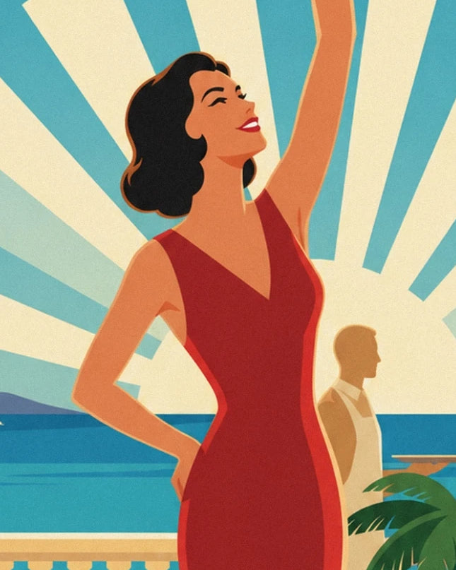 The dark-haired woman in a red dress with one arm raised in front of the turquoise sea