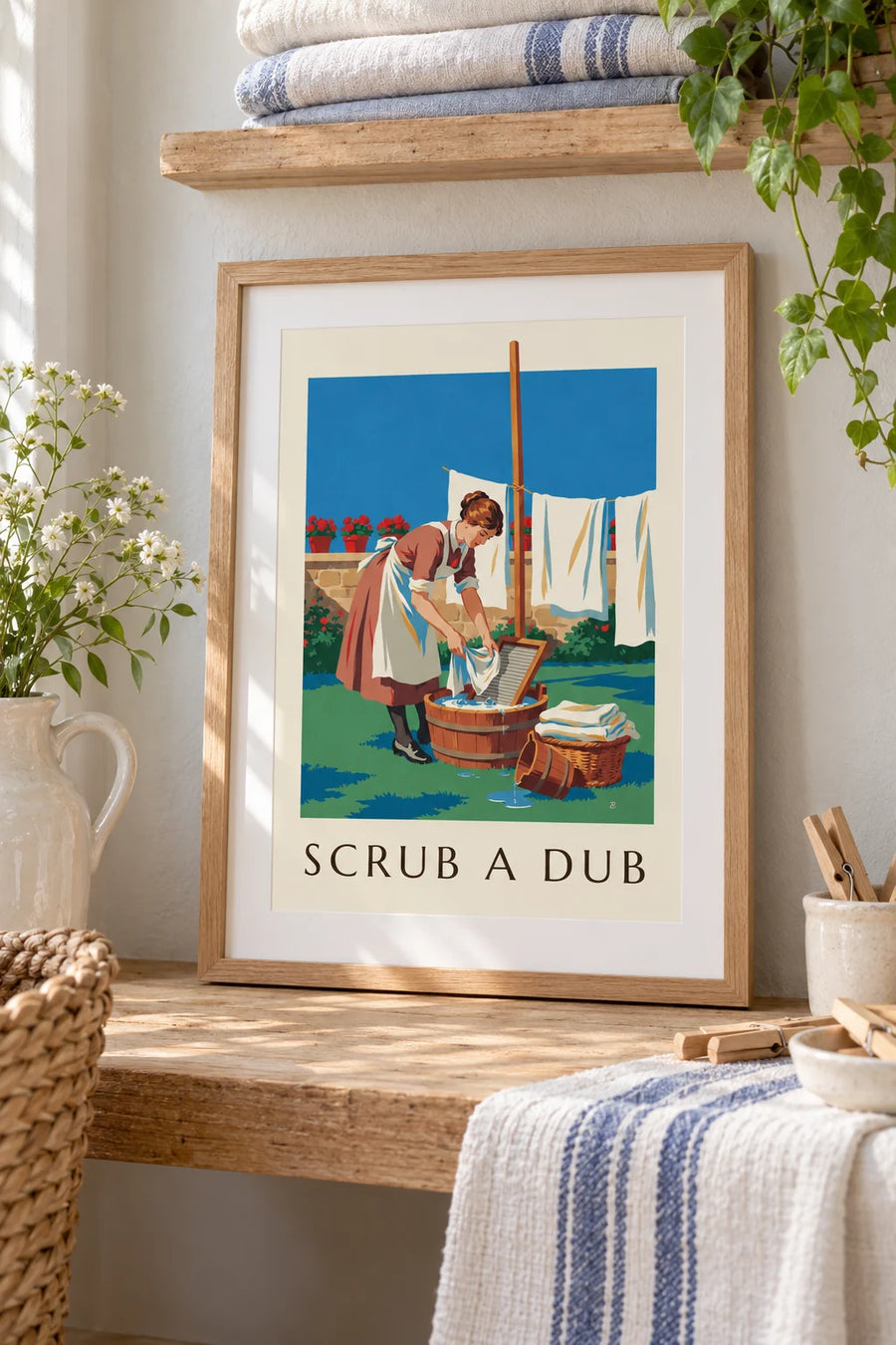 Poster vrouw en wasbord op een zonnig binnenplein: klein formaat A4 ingelijst