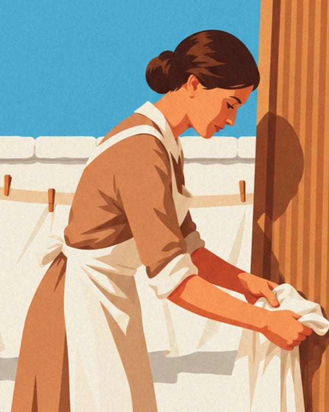 The woman with a brown bun and white apron, her hands busy with the laundry