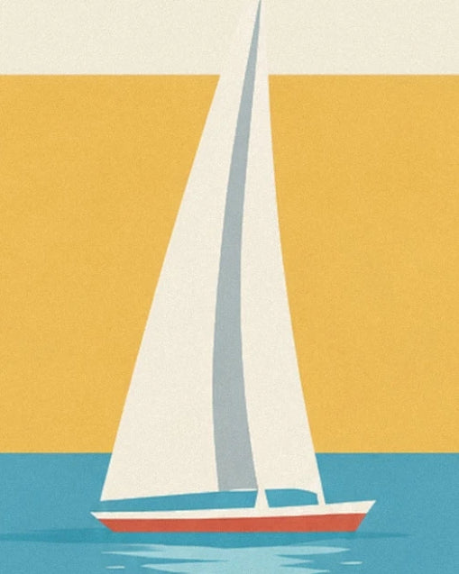 A sailing boat with white sails and a red hull on a turquoise sea