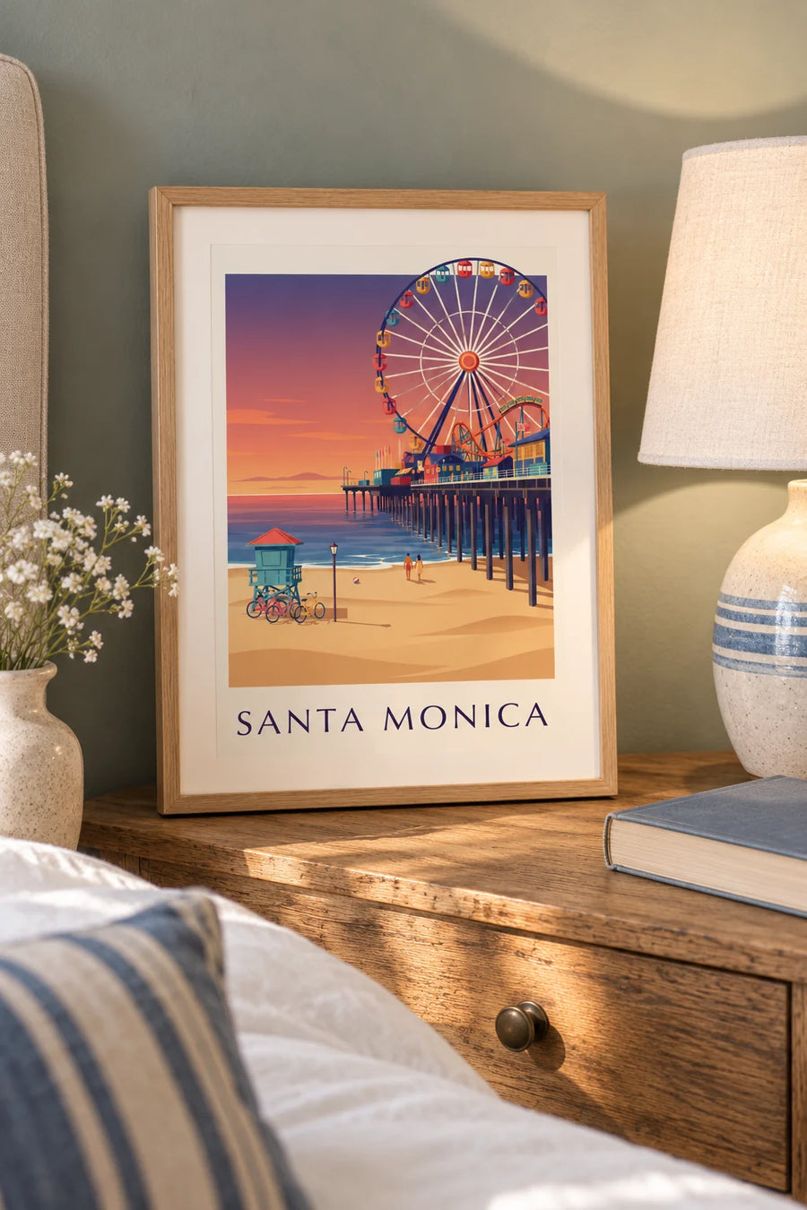 Affiche jetée de Santa Monica au coucher du soleil : petit format A4 encadré