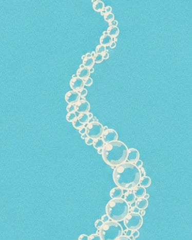 A winding string of bubbles with cream outlines against a turquoise background