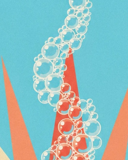 A cascade of bubbles with cream outlines over turquoise and coral rays