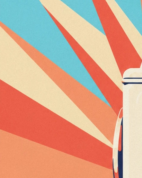 The cream, coral and turquoise rays behind the edge of the washing machine