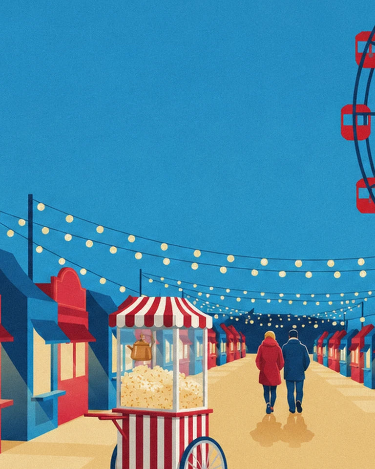 Poster rood-wit gestreepte popcornmachine op de kermis: detail in close-up