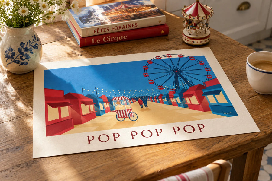 Poster van een rood-wit gestreepte popcornmachine op de kermis: op een tafel