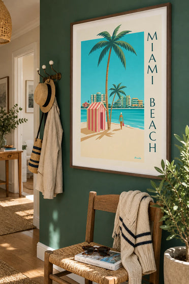 Poster of a striped beach cabana in Miami Beach: framed on the wall