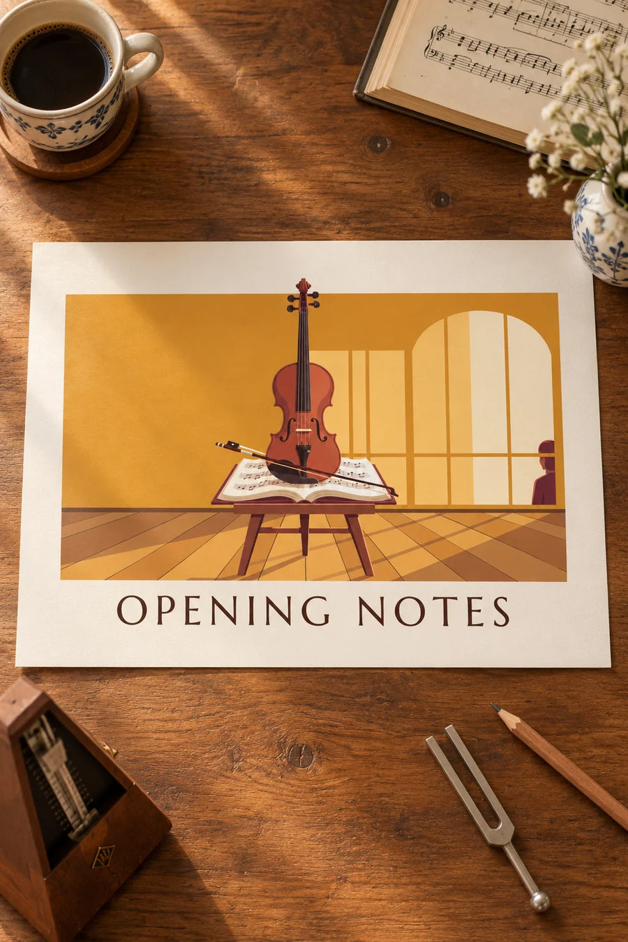 Violin and bow resting on an open score poster: resting on a table