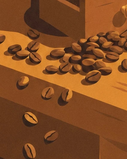 The brown coffee beans scattered on the wooden ledge and in front of the grinder
