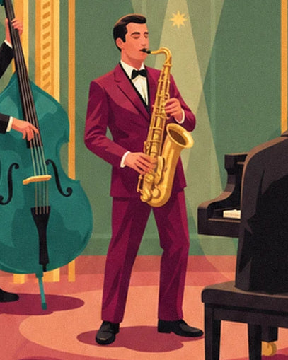 De saxofonist in een bordeauxrood pak, tussen de groene contrabas en de zwarte piano
