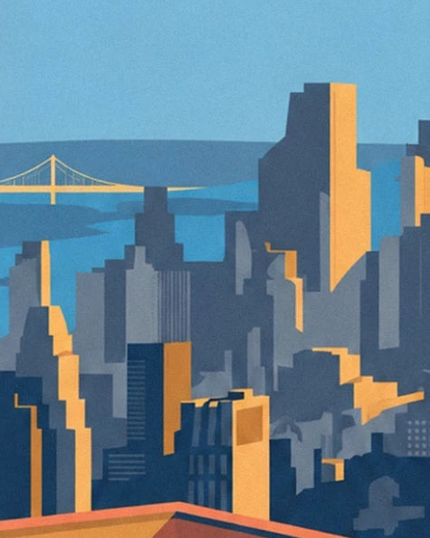 Les immeubles de Manhattan aux façades dorées, devant le fleuve et un pont suspendu