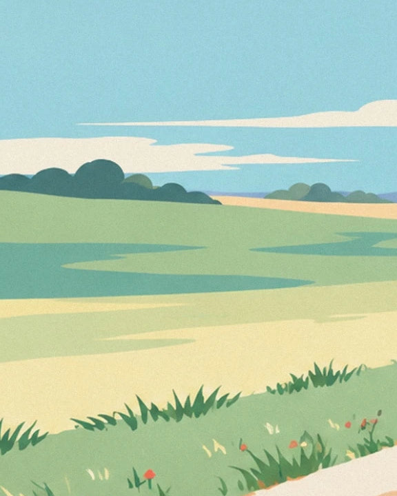 Groene en gouden velden onder een blauwe lucht, omzoomd met gras en bloemen
