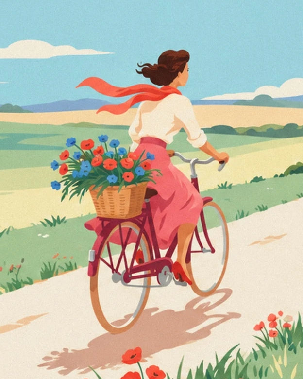 De fietsster in een roze rok en rode sjaal, met een mandje bloemen achterop haar fiets