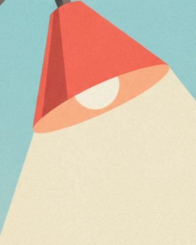 An orange-red lamp and its white bulb lighting up a pale blue background