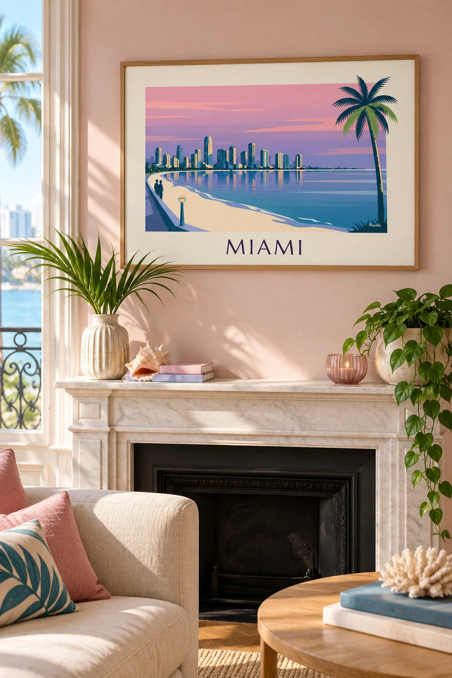 Affiche gratte-ciel et palmiers de Miami au crépuscule : encadrée au mur