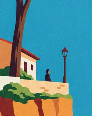 Un personnage près du réverbère, derrière le muret crème bordé de verdure