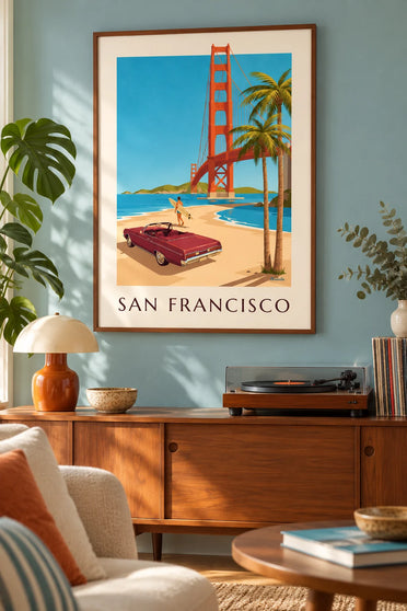 Poster cabriolet voor de Golden Gate Bridge in San Francisco : ingelijst aan de muur