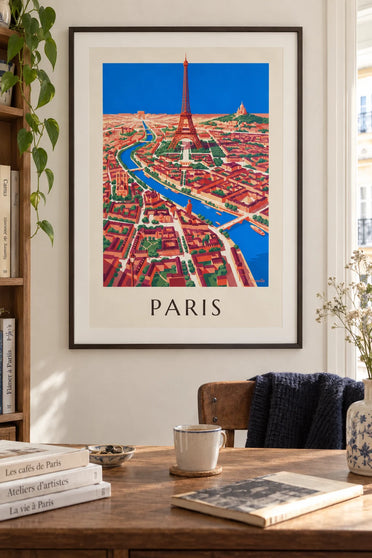 Poster geïllustreerde plattegrond van Parijs, de Seine en haar monumenten: ingelijst aan de muur