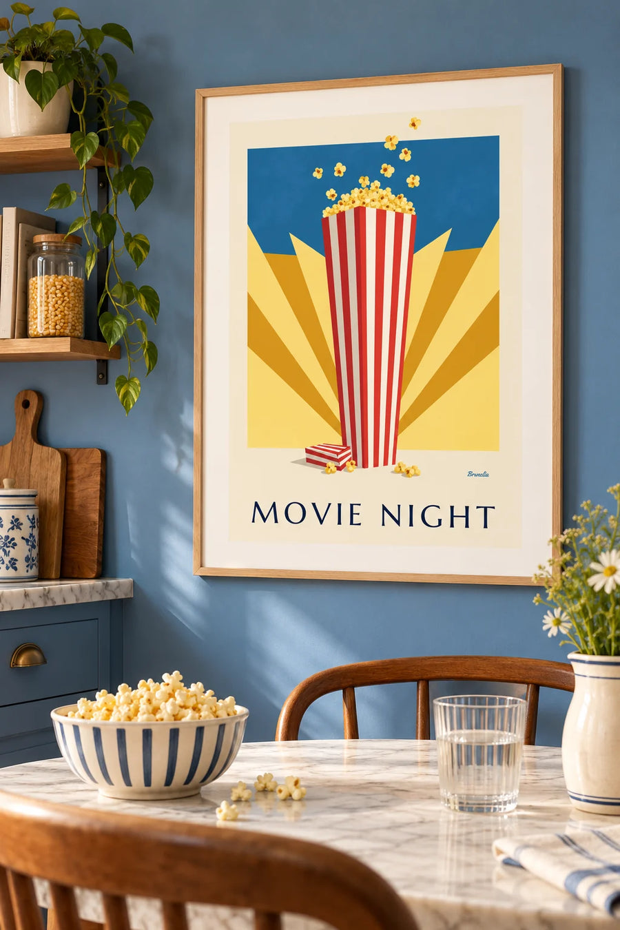 Poster bioscooppopcorn voor zonnestralen: ingelijst aan de muur
