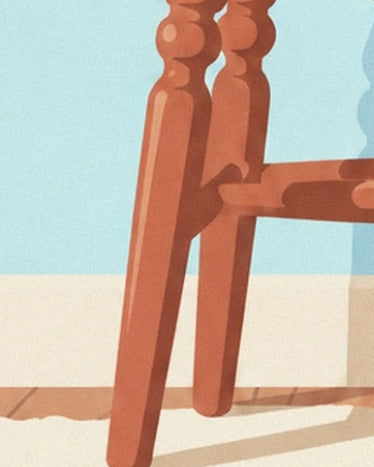 The slanted legs of the brown wooden chair and their shadows on the floor