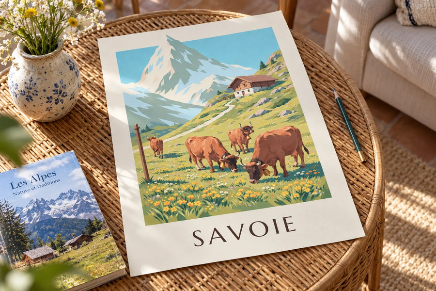 Poster Tarine-koeien op de alpenweiden van Savoie: op een tafel