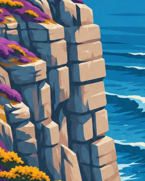 The cliff with beige boulders and blue-tinged shadows above the waves