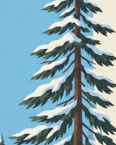 A fir tree with a brown trunk and long snow-laden branches