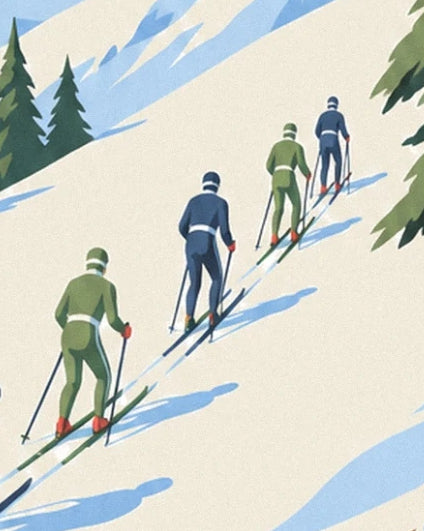 The 4 pupils in green and blue, skiing in a line down the snowy slope