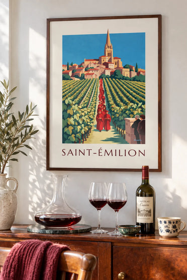 Poster wijngaarden en dorp van Saint-Émilion gezien vanuit een wijnkelder: ingelijst aan de muur
