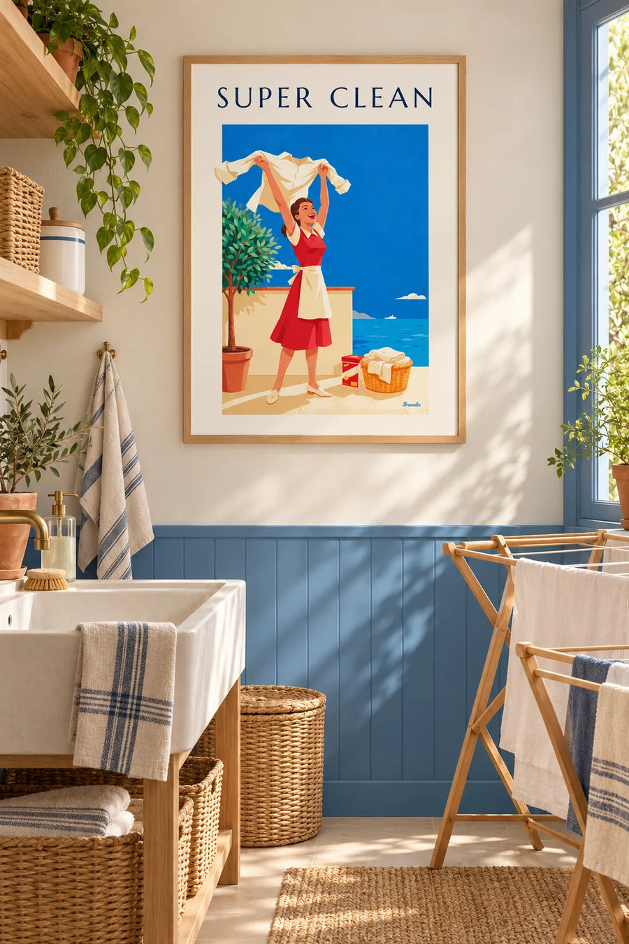 Poster vrouw en stralend wit overhemd, wasmiddel Super Clean: ingelijst aan de muur