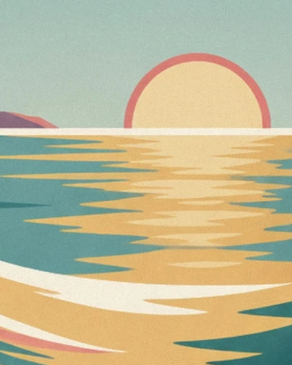 The yellow sun edged in pink on the horizon and its golden reflections on the sea