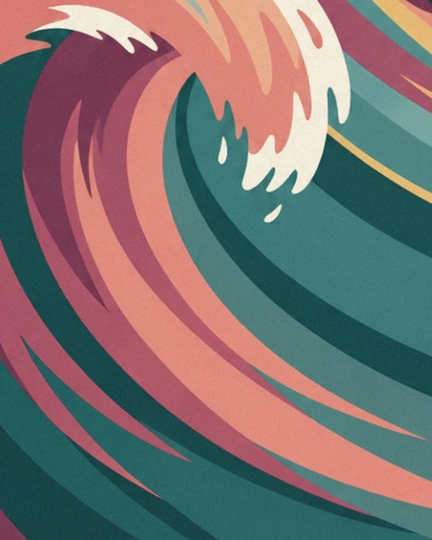 The turquoise wave with pink and mauve curves, topped with cream foam