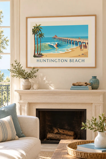 Poster surfer onder de pier van Huntington Beach in Californië: ingelijst aan de muur