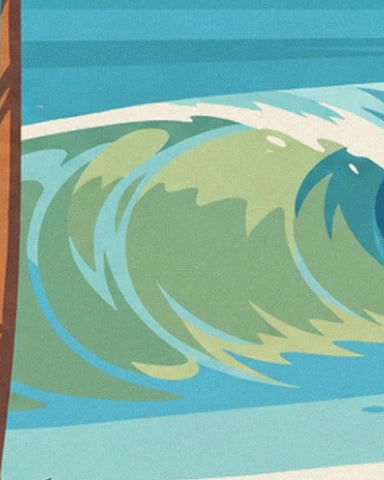 La vague vert tendre aux courbes turquoise et à l’écume blanche, près d’un pilier