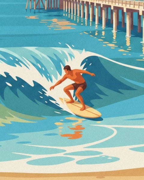 Le surfeur sur sa planche jaune dans une vague turquoise, près de la jetée