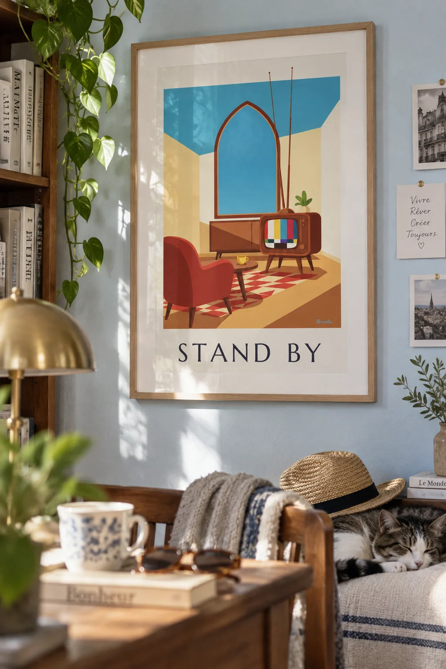 Affiche téléviseur et mire de barres de couleur : encadrée au mur