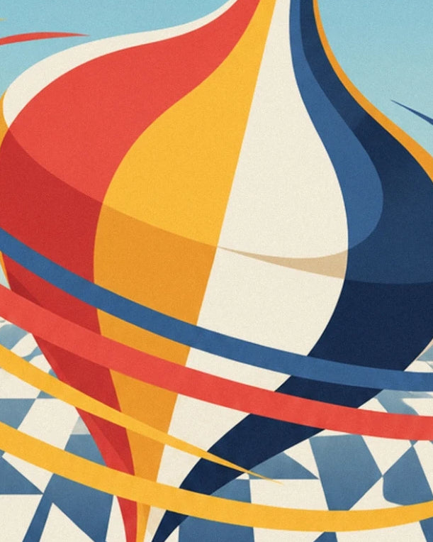 The spinning top with red, yellow and blue curves crossed by colourful ribbons