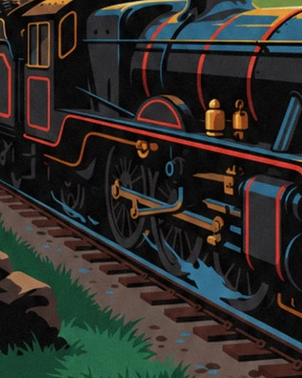 The locomotive’s large black wheels, gold connecting rods and red lining