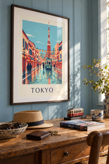 Poster of a vintage Tokyo streetcar and Tokyo Tower at dusk: framed on the wall
