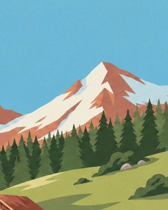 The snowy alpine peak above the fir trees and soft green meadows