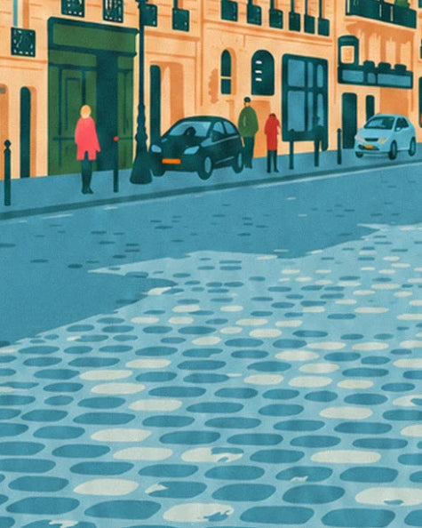 Passers-by and cars along the ochre façades, on the blue cobbles of a Paris street