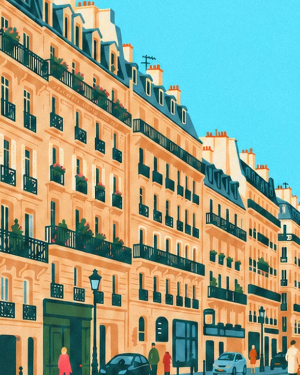The ochre Haussmann façades and their flower-filled wrought-iron balconies, beneath a turquoise sky