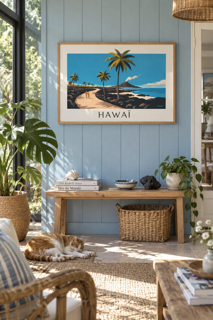 Poster of a Hawaiian road between palm trees and a volcano: framed on the wall