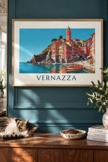 Poster of the village of Vernazza and its harbor in the Cinque Terre: framed on the wall