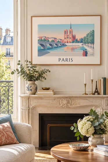 Poster Notre-Dame in Parijs vanaf de kades langs de Seine : ingelijst aan de muur