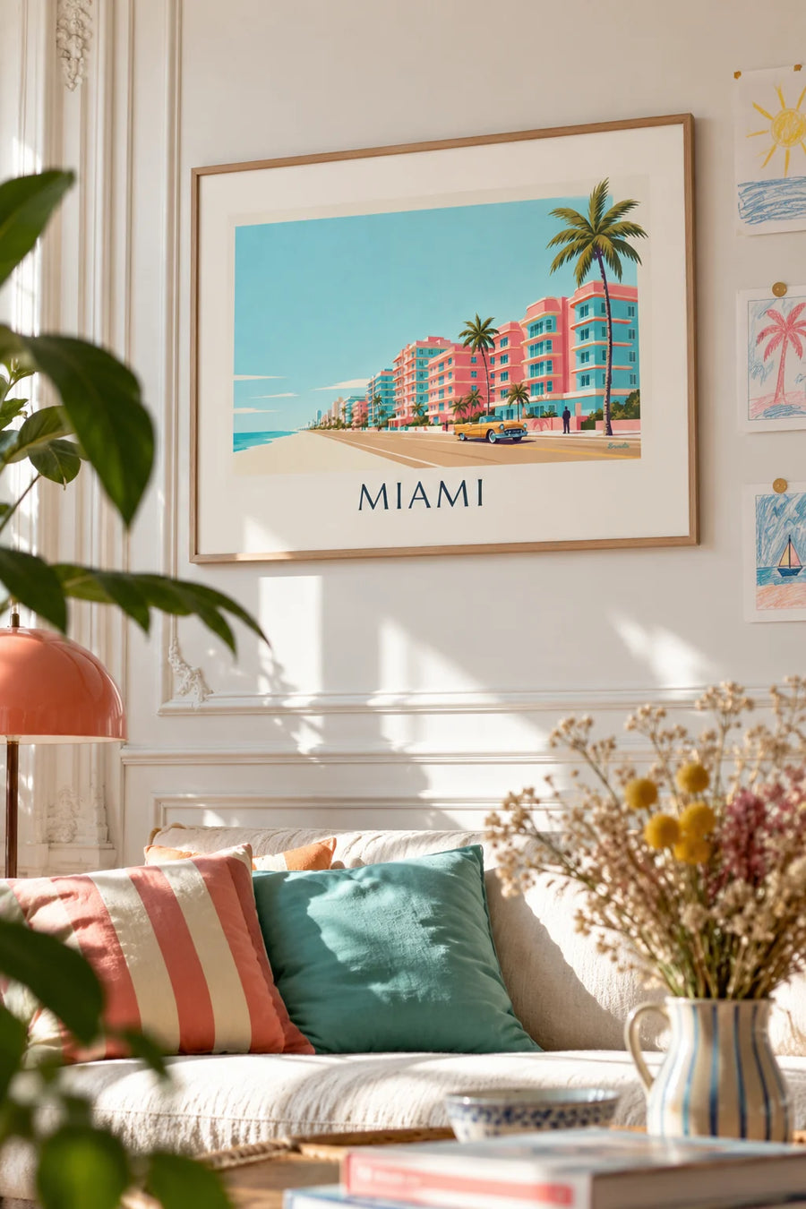 Poster of a golden convertible on Ocean Drive in Miami: framed on the wall