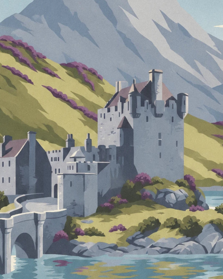 The grey stone castle and its turrets, backed by a hillside of purple heather