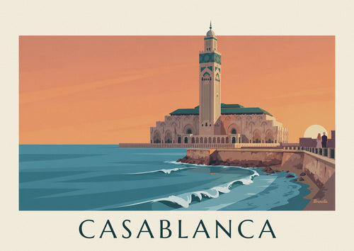 Poster of the Hassan II Mosque facing the ocean at sunset: the full poster